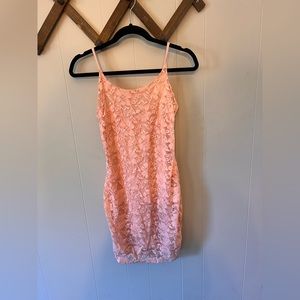 Pink lace bodycon dress; scoop neck: spaghetti strap